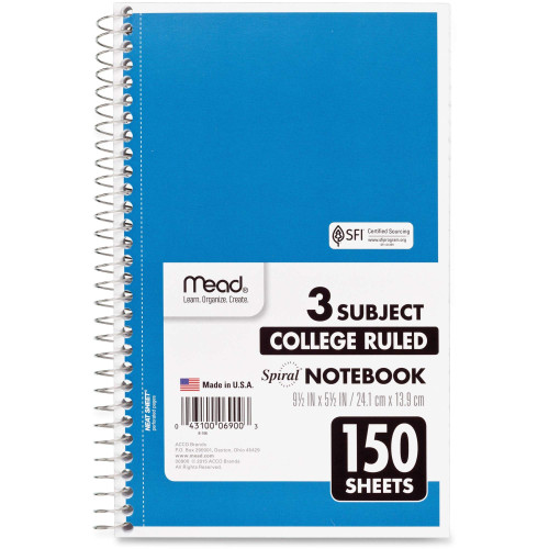 Mead, 06900, Spiral Notebook, 3 Subjects, Medium/College Rule, Assorted Color Covers, 9.5 x 5.5, 150 Sheets, Sold As 1 Notebook