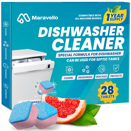 Dishwasher Cleaner and Deodorizer 28 Tablets: Maravello Clean Dish Washer Machine Detergent Tabs - Deep Cleaning Descaler Pods - Remove Limescale, Hard Water, Calcium and Odor - Septic Tank Safe