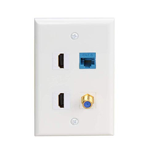 HDMI Ethernet Wallplate,4 Port Wall Plate with 2 Port HDMI Keystone Female to Female Jack + Cat6 Ethernet + TV Coax F Type Port Wall Plate HDMI Ethernet Wallplate,4 Port Wall Plate with 2 Port HDMI Keystone Female to Female Jack + Cat6 Ethernet + TV Coax F Type Port Wall Plate