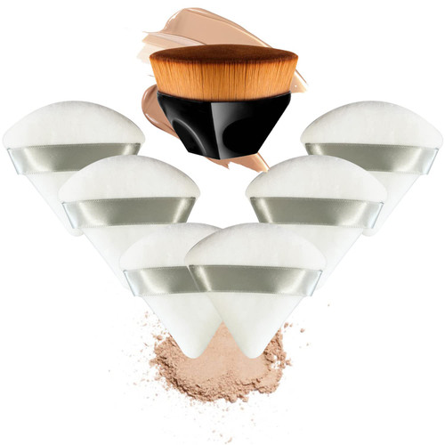 Triangle Powder Puff, 6+1 Pieces Makeup Powder Puffs and Kabuki Foundation Brush, Soft Velour Powder Puffs for Face and Body Foundation Sponge, Setting Powder Puff Wet Dry Makeup Tool