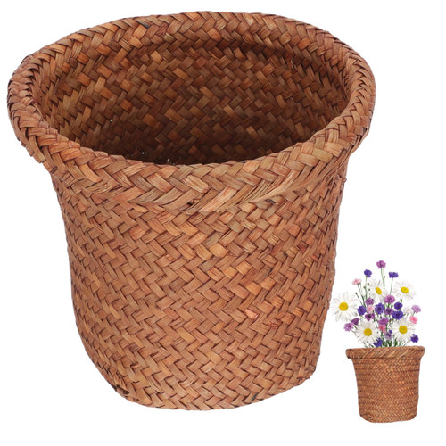 CHILDWEET Woven Storage Basket Rattan Waste Basket Bathroom Trash Can Rattan Round Waste Basket Water Hyacinth Basket Trashcans for Car Office Trash Bucket Flower Basket Wicker Seaweed