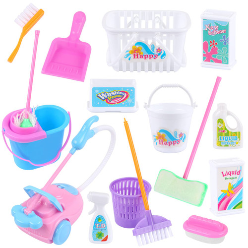 16 Pcs Miniature Dollhouse Cleaning Supplies Mini Bucket Mop Dust Pan Brush Broom Mini Housework Cute Cleaning Supplies Tools Miniature Furniture Dollhouse Decoration Accessories