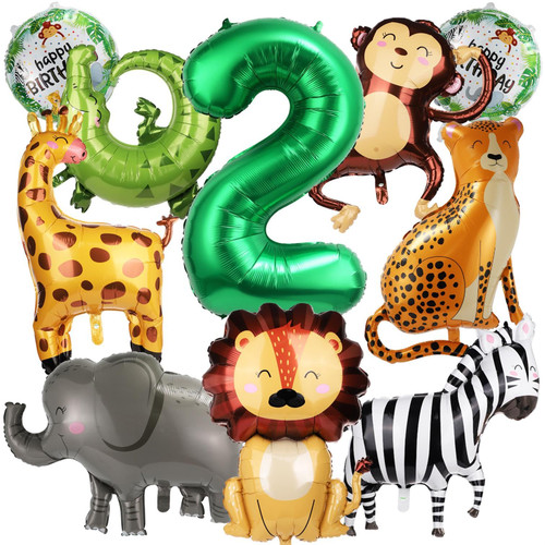 10pcs Jungle Safari Animal Balloons, Cute Jungle Theme Zoo Party Supplies Monkey Elephant Zebra Leopard Crocodile Giraffe Shaped for Birthday Party Decor (Number 2)