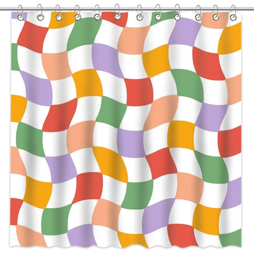 Mocsicka Retro 70s Checkered Shower Curtain Colorful Abstract Wavy Swirl Checkerboard Bathroom Curtain Funny Cute Vintage Waterproof Fabric Shower Curtain Set with 12 Hooks, 72x72 Inches