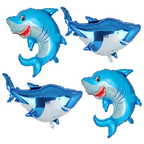 4 PCS Shark Balloons Kid's Birthday Baby Shower Ocean Shark Theme Party Mylar Foil Shark Splash Balloon Decor Supplies Blue