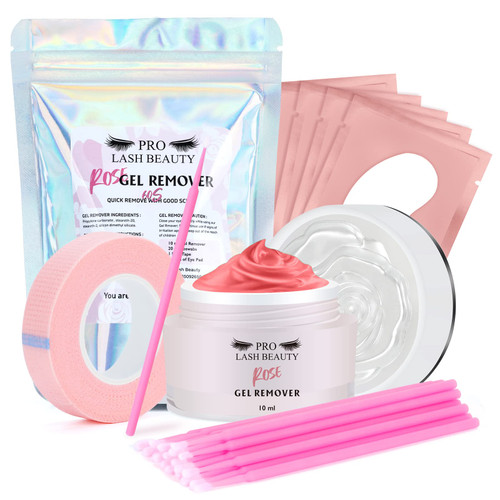 Eyelash Extension Remover Kit 10ML Fragrance Lash Remover for Lash Extensions Rose Scent Eyelash Remover with Eye Patch Microswab Brushes No Irritation Quick Dissolves Eyelash Adhesive Removal Rose