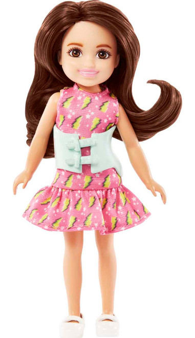 Barbie Chelsea Doll, Small Doll with Brace for Scoliosis Spine Curvature, Brunette Wearing Pink Lightning Bolt Dress Barbie Chelsea Doll, Small Doll with Brace for Scoliosis Spine Curvature, Brunette Wearing Pink Lightning Bolt Dress