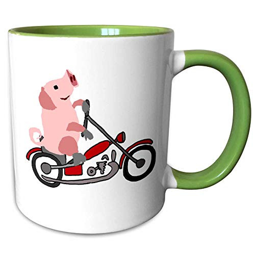 3dRose All Smiles Art Sports and Hobbies - Funny Cute Pink Pig or Hog Riding Motorcycle Cartoon - 11oz Two-Tone Green Mug (mug_256482_7)
