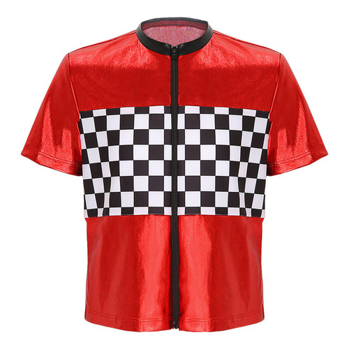 Venjoe Kids Boys Race Car Driver Costume Top Checkerboard Printed Racing Halloween Dress Up Red 4 Years