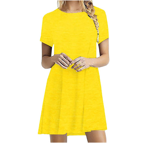 Feancey Top Deals of The Day Plain Dress for Women 2024 Casual Summer Short Sleeve Mini Dress Loose Fiting Round Neck A-Line Dress for Ladies Summer Dresses for Women 2024 Deals