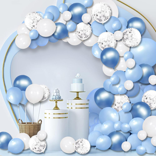 HappyField Macaron Blue Balloon Garland Arch Kit, Macaron Blue Metallic Blue White and Silver Confetti Latex Balloons for Baby Shower Birthday Wedding Anniversary Winter Wonderland Party Decorations