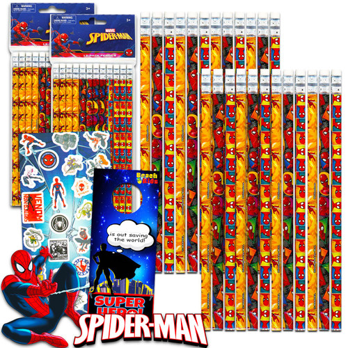 24 Pc Spiderman Pencils Bulk - Bundle with 24 Spiderman Pencils for Kids, Spiderman Stickers, Door Hanger | Spiderman School Supplies for Boys
