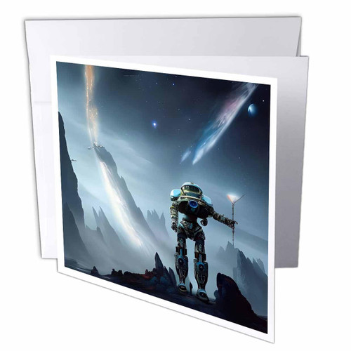 3dRose Android robot stand on a newly discovered planet. Fantasy... - Greeting Cards (gc-378761-1)