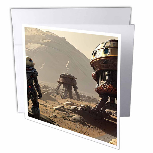 3dRose Astronaut watches industrial robots working on Mars digital... - Greeting Cards (gc-377071-1)