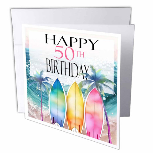 3dRose Happy 50th Birthday With An Ocean Wave and Surfboards - Greeting Cards (gc-382062-1)