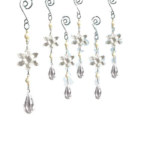 BANBERRY DESIGNS Snowflake Prism Drop Ornaments - Set of 6 Clear Acrylic Beaded Ornaments - Decorative Silver Scroll S-Hook Included