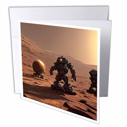 3dRose Industrial robots and androids on Mars. Funny digital art for... - Greeting Cards (gc-377080-1)