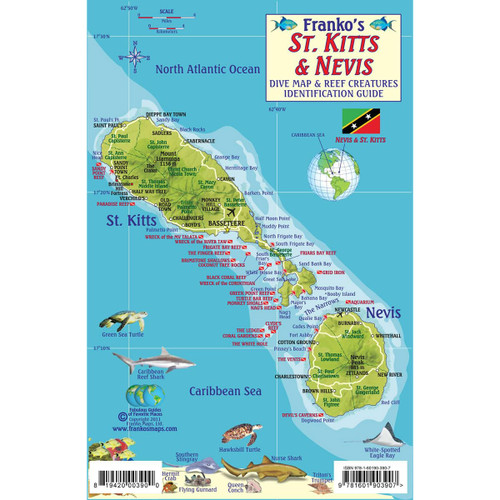 St. Kitts & Nevis Dive Map Reef Creatures Guide Laminated Fish Card Franko Maps