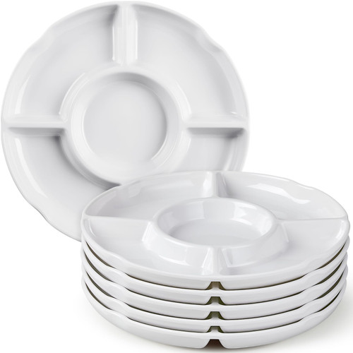 Nitial 6 Pcs Sectional Platter Divided Serving Dishes Melamine Appetizer Serving Trays with 5 Compartments Platter Tray Veggie Tray Chip Dip Tray White Divided Snack Trays for Fruit Nut Candy Party