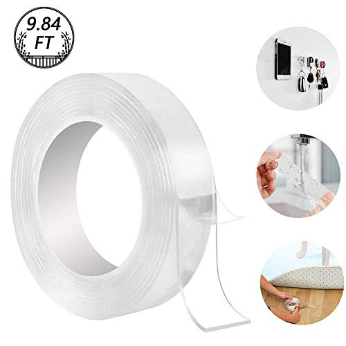 Washable Adhesive Tape, Hompie 9.84FT Traceless Reusable Clear Double Sided Anti-Slip Nano Gel Pads,Removable Sticky Transparent Strips Grip for Glass, Metal, Kitchen Cabinets or Tile Nano Tape -3M