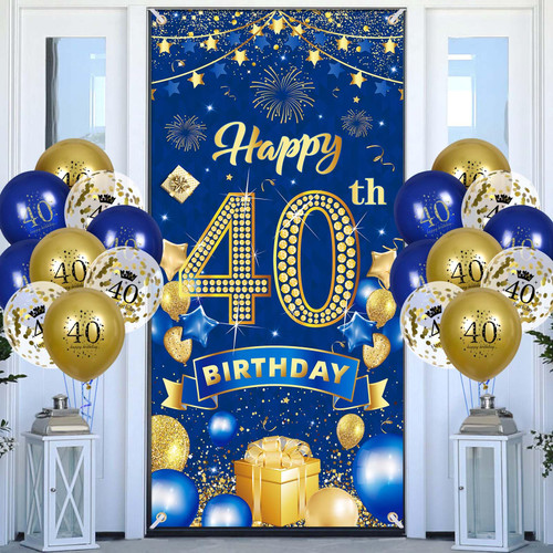 40th Birthday Party Decorations for Men Navy Blue Gold Happy 40th Birthday Banner with 18pcs 40th Balloons 40th Door Cover Backdrop for Men Women Birthday Anniversary Party Sign Porch Decor Supplies