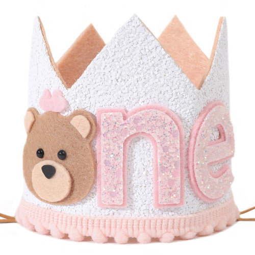 Agkvw Teddy Bear 1st Birthday Crown for Girls - Girl Teddy Birthday Decorations, Little Bear 1st Birthday Hat, One Happy Camper Birthday Decor for Girls