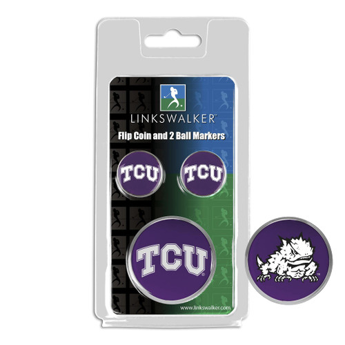 LinksWalker Texas Christian Horned Frogs - Flip Decision Challenge Coin and 2 Golf Ball Marker Pack