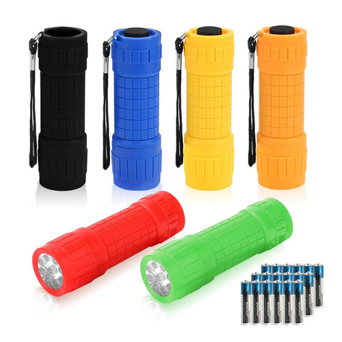 Whaply 6-Pack Small Mini Flashlight Set, 9-LED Handheld Flashlight with Lanyard,18-Pack AAA Battery Included for Kids/Night Reading/Party/Camping/Emergency/Hunting (6 Pack)