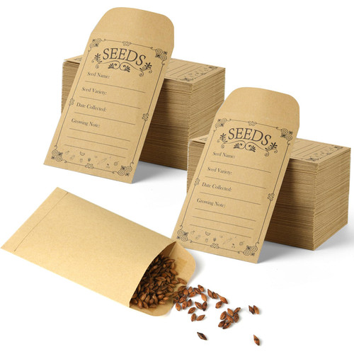 TRIITECH 150pcs Seed Envelopes, 4.7x3.1 Inch Reusable Self-Adhesive Sealing Seed Storage Paper envelopes, Printed with Types Template for Notes, Seeds Saving and Collecting (Brown)