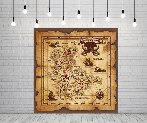 5x5ft Pirate Treasure Map Backdrop Retro Old Maps Skull Treasure Hunt Themed Background for Kids Pirate Birthday Party Photo Booth Props Supplies