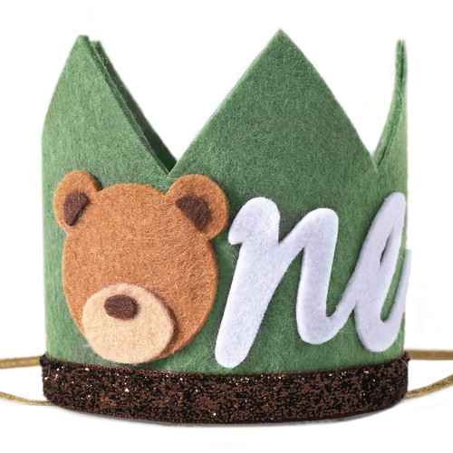 WAUAO Bear One Birthday Crown - Teddy Bear 1st/first Birthday Decorations,One Happy Camper 1st Birthday,Wild One Decorations,Boy Bear Jungle First Birthday Crown