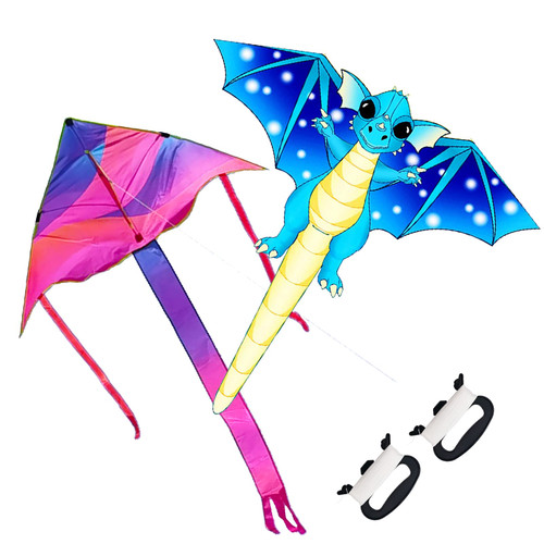 Kaidenic 2 Pack Kites Dragon Kite and Rainbow Delta Kite with Long Tails Easy to Fly with Flying Lines