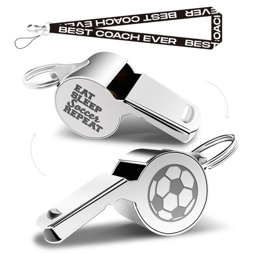 QIBAJIU Whistles with Lanyard, Coach Whistle, Soccer Gifts for Coach, Funny Soccer Coach Gifts for Men Women Teacher, Thank You Cheer Coach Gift, Eat Sleep Soccer Repeat