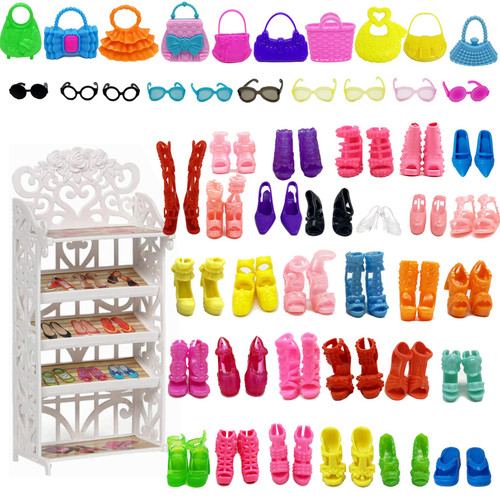 HighFun Doll Shoes Rack + 30 Pairs Doll Shoes 10 Doll Handbags 10 Doll Glasses Replacement Fashion Playset Accessories Different Assorted Colors High Heel Boots Sandals for 11.5 Inch Girl Doll HighFun Doll Shoes Rack + 30 Pairs Doll Shoes 10 Doll Handbags 10 Doll Glasses Replacement Fashion Playset Accessories Different Assorted Colors High Heel Boots Sandals for 11.5 Inch Girl Doll