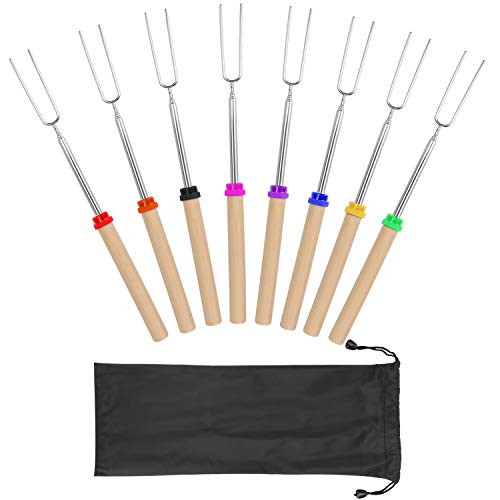 Marshmallow Roasting Sticks with Wooden Handle Extendable Forks Set of 8 Pcs Telescoping Smores Skewers for Campfire, Firepit, and Sausage BBQ, 32 Inch