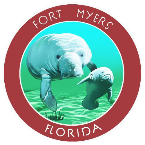 Fort Myers, Florida Manatees Decorative Car Truck Window Sticker Decal Vinyl Die-Cut Badge Emblem Vacation Souvenir Travel Gear Ocean Island Beach