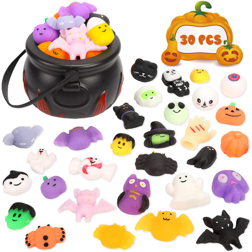 Squishies Squishy Toy, 30 Pcs Squeeze Toys with 5.5" Halloween Cauldron, Fidget Toy Pack Halloween Mochi Squishy Toys, Stress Reliever Anxiety Packs Halloween Party Favors Trick or Treat Goodie Bag