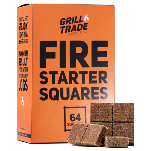 Grill Trade Fire Starter Squares - 64 Pieces Natural Fire Starters for Fireplace, Campfires, Wood Stove, Grill, Fire Pit, Barbeque - Indoor Outdoor Fire Starters Grill Trade Fire Starter Squares - 64 Pieces Natural Fire Starters for Fireplace, Campfires, Wood Stove, Grill, Fire Pit, Barbeque - Indoor Outdoor Fire Starters