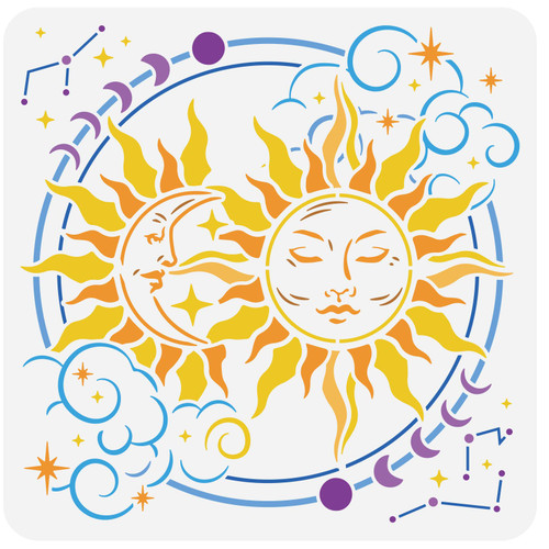FINGERINSPIRE Sun and Moon Painting Stencil 11.8x11.8 inch Hollow Out Star Clouds Craft Stencil Reusable Plastic Moon Phase Stencil Template for Painting on Wall, Photo Album, Paper and Canvas