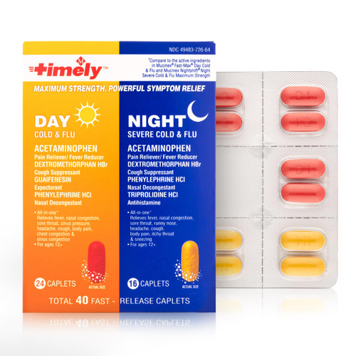 Timely Maximum Strength Day & Night Severe Cold and Flu - Compared to Mucinex Fast Max - Powerful Multi System Fast Release Relief All-in-One - Cold and Flu Medicine - 40 caplets (24 day + 16 night) Timely Maximum Strength Day & Night Severe Cold and Flu - Compared to Mucinex Fast Max - Powerful Multi System Fast Release Relief All-in-One - Cold and Flu Medicine - 40 caplets (24 day + 16 night)