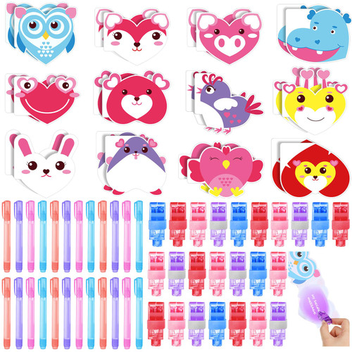 Qilery 72 Pcs Valentine's Day Gift Exchange Classroom Party Favors Set 24 Invisible Ink Pen 24 Valentines Mini Notebook 24 Light Valentines Party Favor for Valentines Day Goodies Bags Fillers Prizes