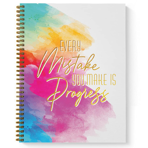Softcover Mistakes Are Progress 8.5" x 11" Motivational Spiral Notebook/Journal, 120 College Ruled Pages, Durable Gloss Laminated Cover, Gold Wire-o Spiral. Made in the USA