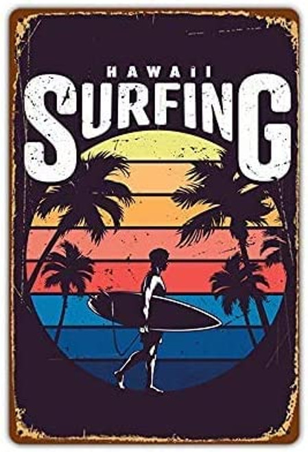 Hawaiian Surf retro metal tin logo, beach with surfboard men Metal Tin Sign Wall Decor for Garage Man Cave Bar Kitchen metal tin sign 8x12 Inch