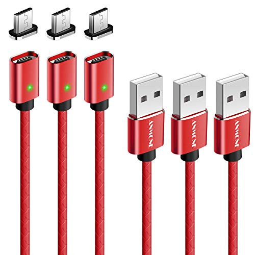 Micro USB Cable, ANMONE 3 Pack Magnetic Micro USB Charging Cable 3.3FT USB 2.0 Fast Charge Cable with LED Indicator USB Data Transfer Phone Cable for Compatible Samsung, Kindle HTC, Nokia, Sony (Red)