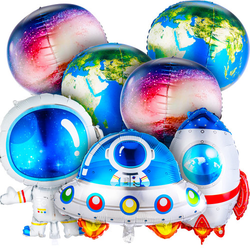 Teaaha 7 PCS Outer Space Balloons Astronaut Balloon Planet Balloons, Large Inflatable Rocket Astronaut Earth Spaceship Planet Foil Balloons, Space Themed Party Supplies for Birthday Party Decorations