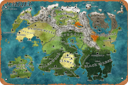 muecddoa Wall Decor Sign - Tamriel The Elder Scrolls map Detailed Poster - 8X12 Inch Vintage Look Metal Sign,Bar, Man CAVE Art Decoration.