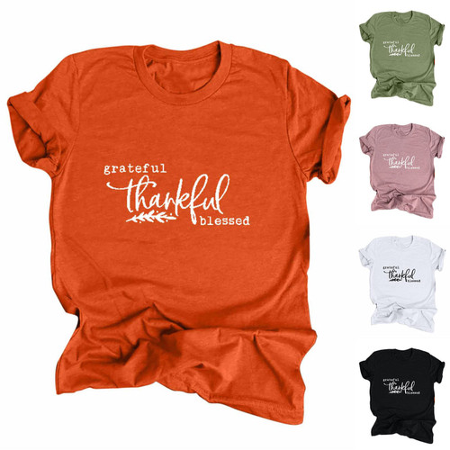 Womens Letter Print Casual Short Sleeve Tops Grateful Thankful Blessed Shirt Thanksgiving Gift Graphic T-Shirt Pink