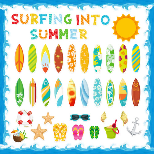 AsodSway 110Pcs Summer Surfboard Surfing Bulletin Board Cutouts Border Set Surfing Into Summer Classroom Decoration Summer Hawaiian Ocean Beach Accents Cutouts for School Teacher Supplies