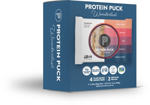 Protein Puck Plant Based Bars | Snacks with 16 grams of Vegan Protein | Gluten Free, Non Dairy, Kosher Certified Non GMO Premium Healthy Bars | Wanderlust, 4 Count (1 Pack)
