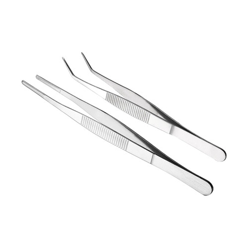 uxcell Stainless Steel Tweezer Set 6.9-Inch Curved Pointed Serrated Tip & 7-Inch Straight Blunt Serrated Tip